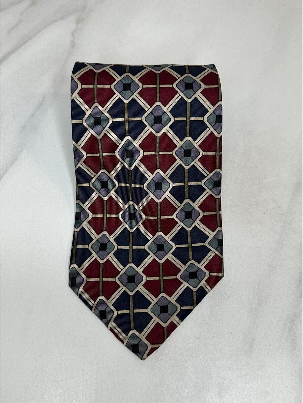 Vintage Barneys New York 100% silk tie burgundy/multicolored geometric art deco